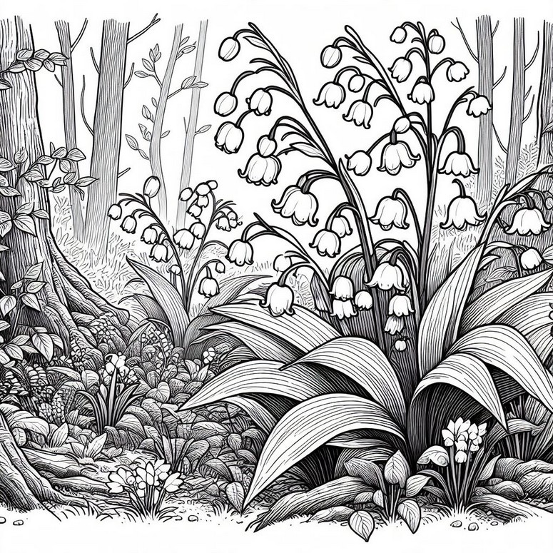 Coloring page Lily of the valley in the forest