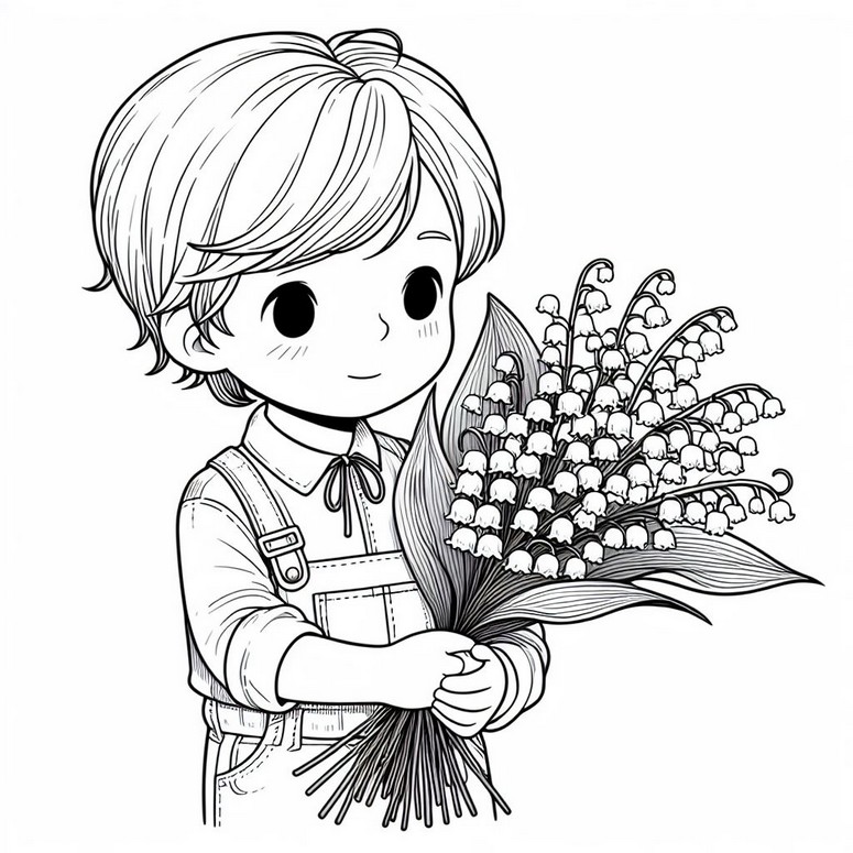 Coloring page A child with a bouquet of lily of the valley