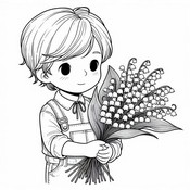 Coloring sheet - A child with a bouquet of lily of the valley - Lily of the valley on May 1st