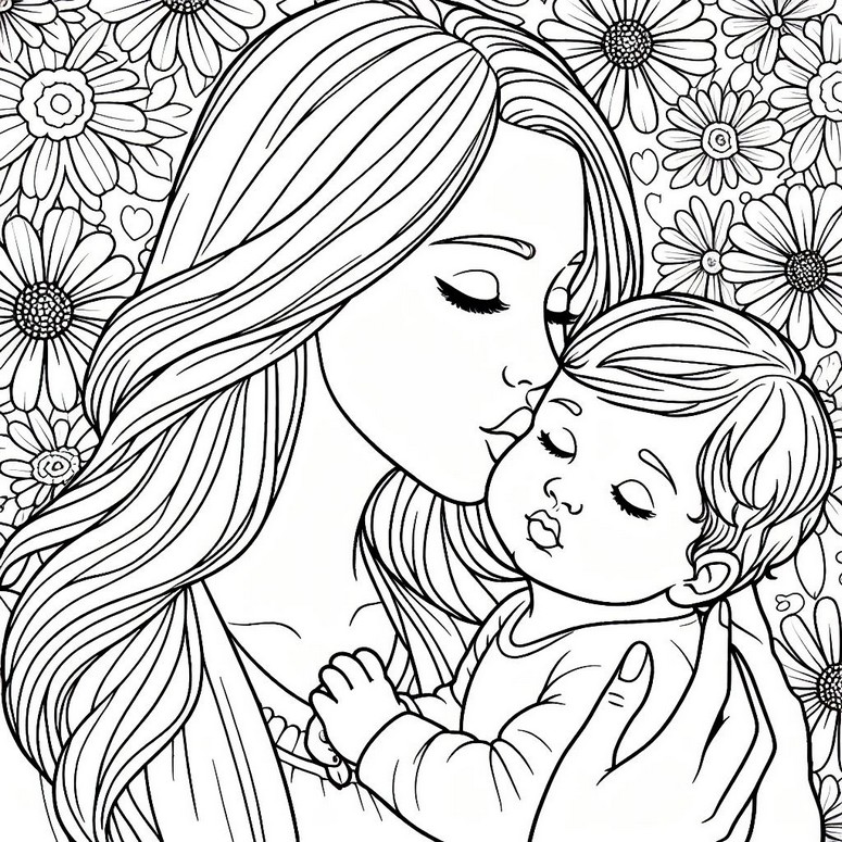 Coloring page A mother kissing her child