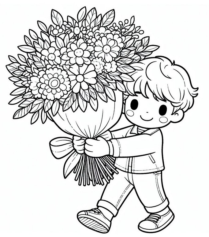 Coloriage Garçon avec un bouquet