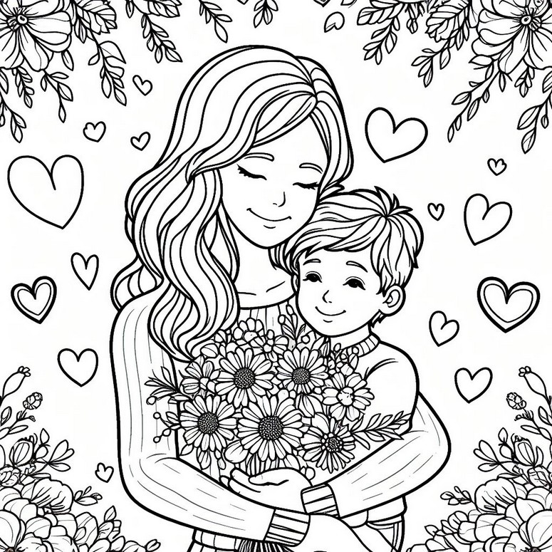 Dibujo para colorear mamá con su hijo