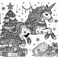 Dibujo para colorear - árbol de navidad y regalos - Unicornio navideño