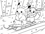 Coloring page - Pikachu & Eeve sledding - Pokémon - Winter