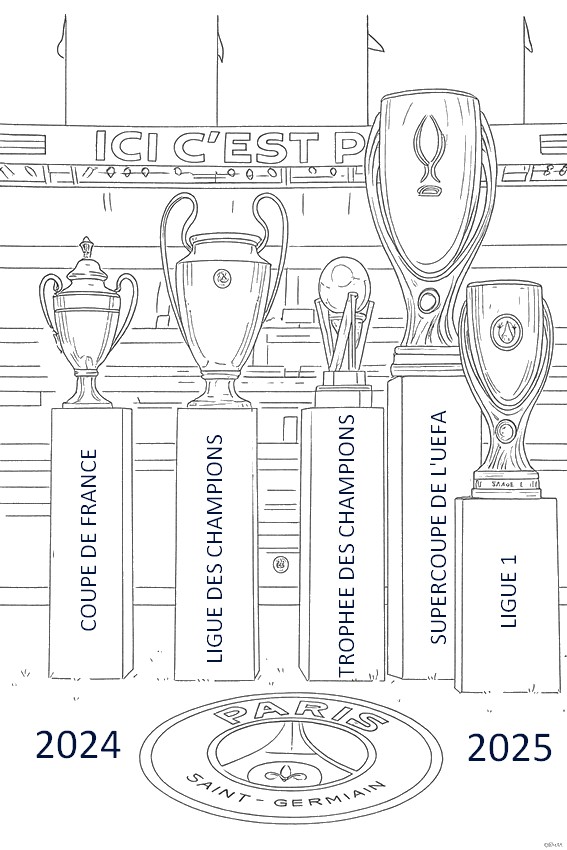 Kleurblad - 5 trofeeën - seizoen 2024/2025 - PSG Paris-Saint-Germain