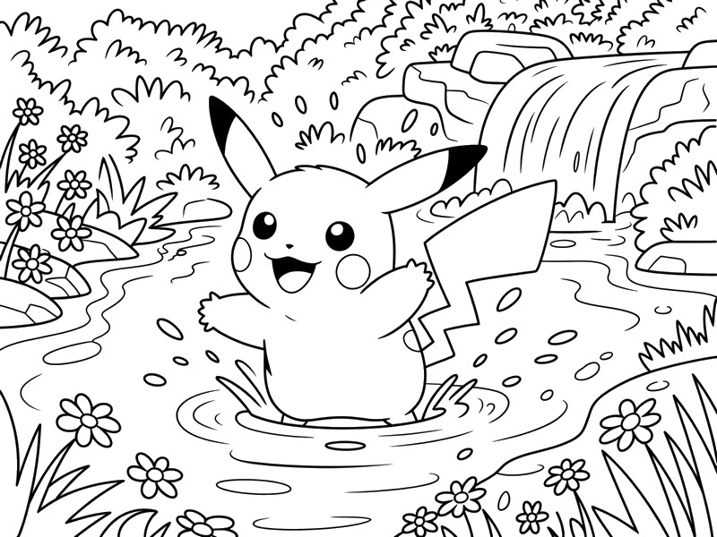 Coloriage Pikachu joue dans la rivière