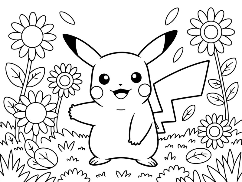 Coloriage Pikachu dans le jardin