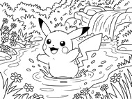 Kolorowanka do druku - Pikachu bawiący się w rzece - Pokémon - Lato