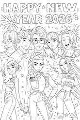 印刷用塗り絵 - 2026年明けましておめでとうございます！ - K-POP デーモン・ハンターズ
