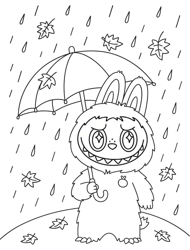 Coloring page - In the rain - Labubu in autumn