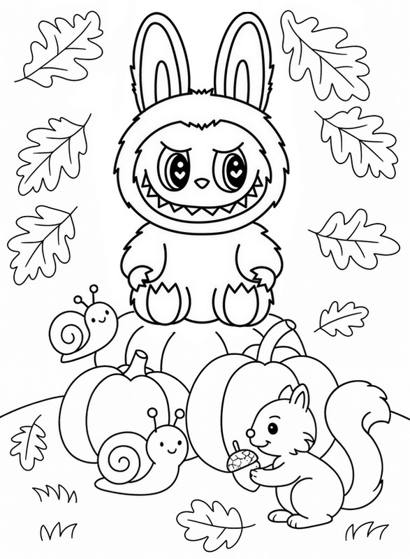 Free coloring page - Pumpkins, snail and squirrel - Labubu in autumn