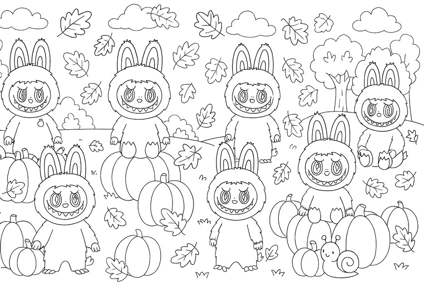 Coloring sheet - Pumpkins - Labubu in autumn