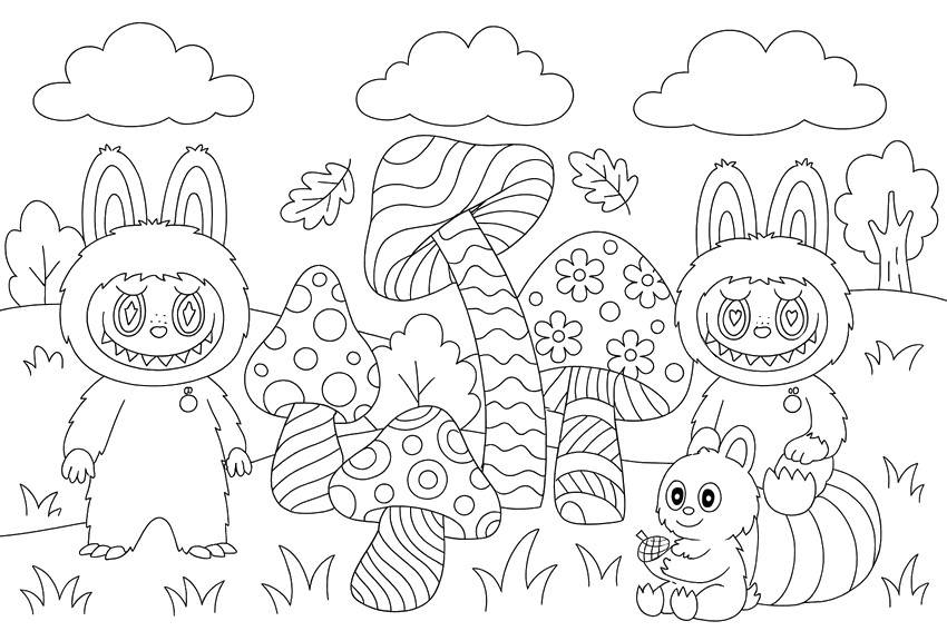 Downloadable coloring - Mushrooms - Labubu in autumn