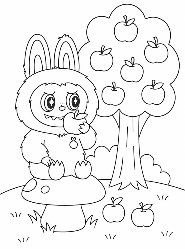 Printable coloring - Apples and mushrooms - Labubu in autumn