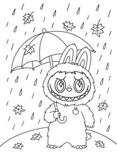 Zeichnung zum Ausmalen - Im Regen - Labubu im Herbst