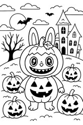 Coloriage gratuit - Le manoir hanté - Labubu - Halloween