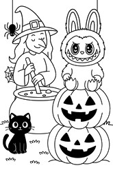 Feuille de coloriage - La sorcière - Labubu - Halloween