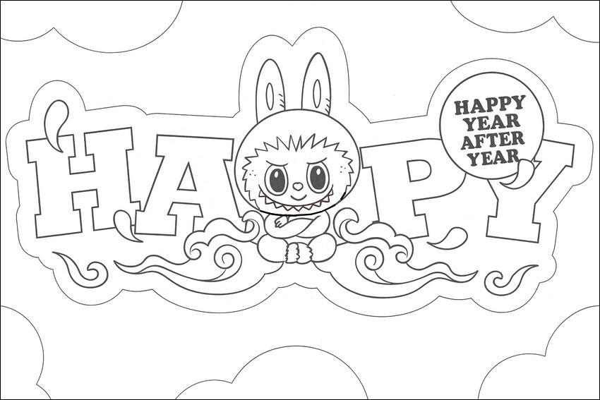 Coloring page - Happy year after year - Labubu - Happy new year