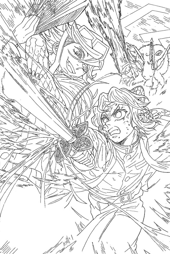 Hoja para colorear - Tanjiro Kamado & Nakime - Demon Slayer: Castillo Infinito