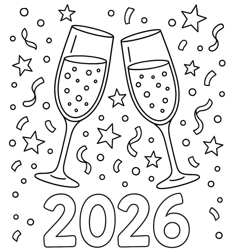 Downloadbar tegning - Glas Champagne - Godt nytår 2026