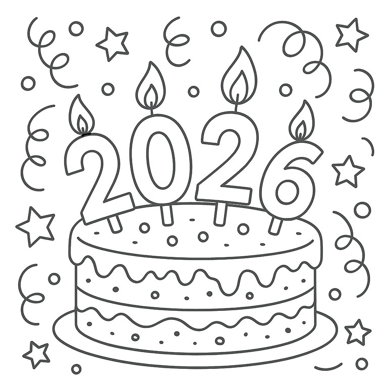 Billede til farvelægning - Festlig kage - Godt nytår 2026