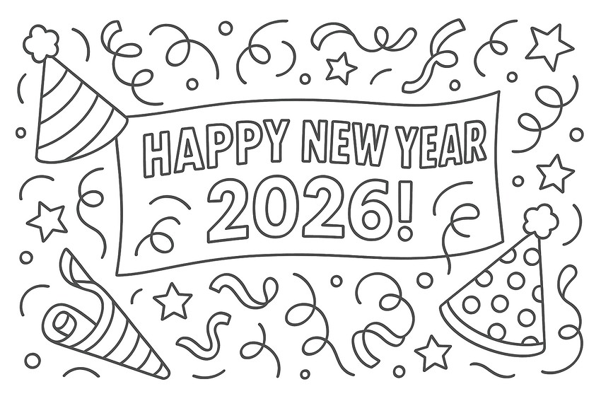 Farvelægningsside - Happy New Year - Godt nytår 2026