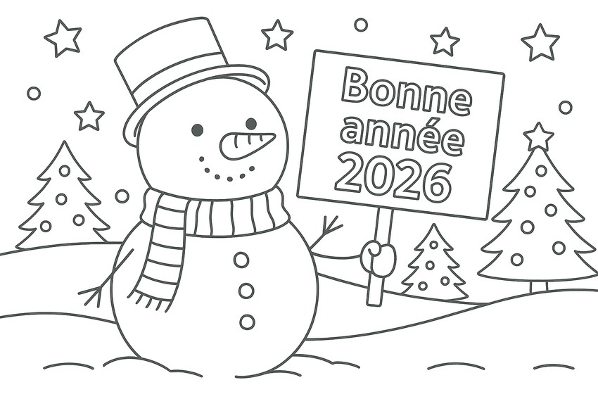 Tegning til farvelægning - Bonne Année - Godt nytår 2026