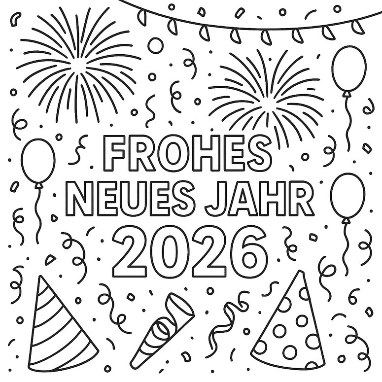 Udskrivbar farvelægningsside - Frohes Neues Jahr - Godt nytår 2026
