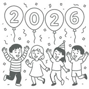 Billede til farvelægning - Børn til fest - Godt nytår 2026