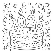Tegning til farvelægning - Festlig kage - Godt nytår 2026