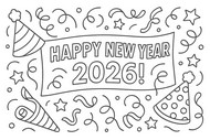 Udskrivbar farvelægningsside - Happy New Year - Godt nytår 2026