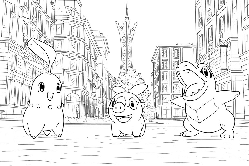 Kép színezéshez - Chikorita, Tepig és Totodile - Pokémon Legendák: Z-A