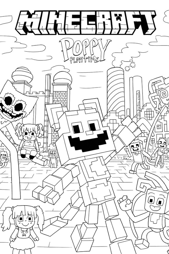 Lámina para colorear - Huggy Wuggy y sus amigos - Minecraft x Poppy Playtime