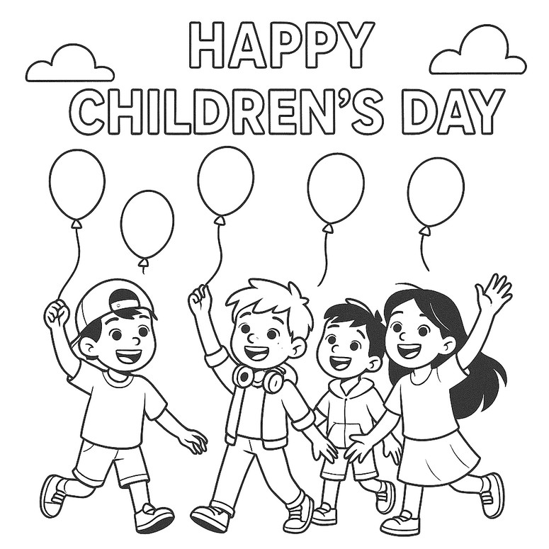 Free coloring page - Children and balloons - World Children's Day