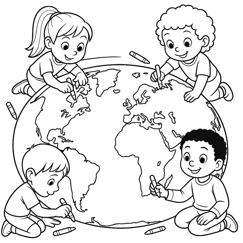 Coloring sheet - Children drawing the world map - World Children's Day