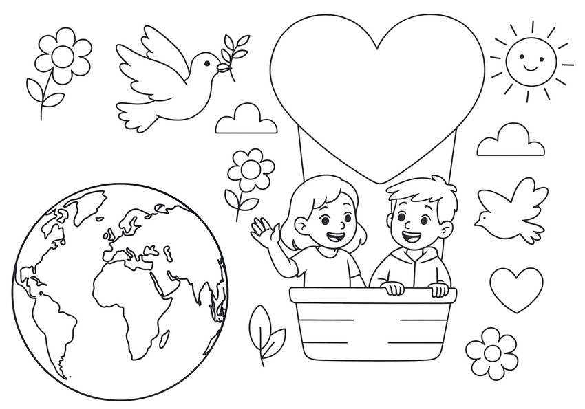 Downloadable coloring - Heart-shaped hot air balloon above the Earth - World Children's Day