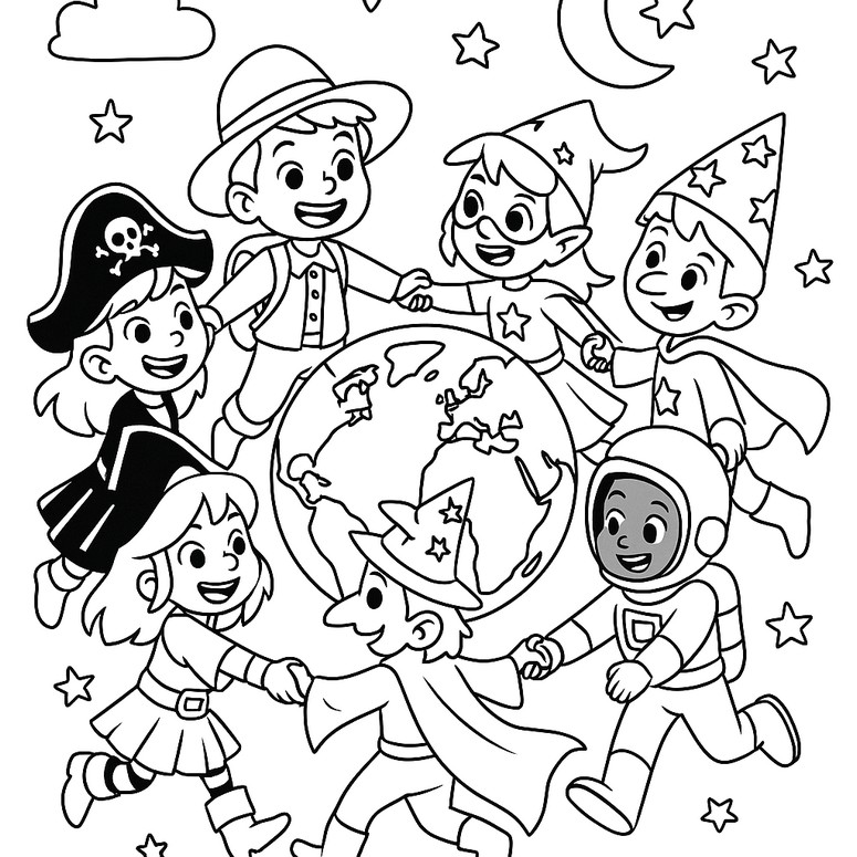 Drawing to color - Children in disguise - World Children's Day