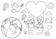 Coloring page - Heart-shaped hot air balloon above the Earth - World Children's Day