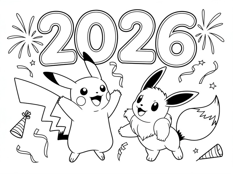Downloadable coloring - Pikachu and Eevee - Pokémon - Happy New Year 2026