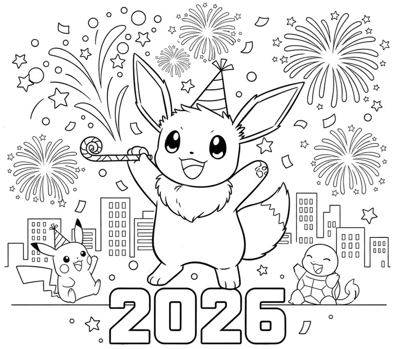 Coloring page - Eevee - Pokémon - Happy New Year 2026