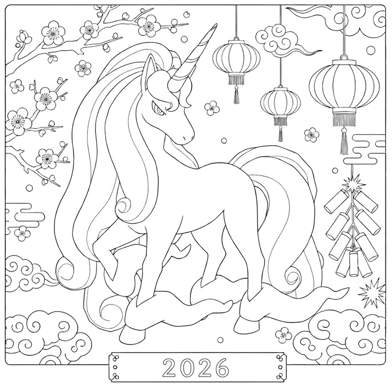 Printable coloring - Chinese New Year with Rapidash - Pokémon - Happy New Year 2026