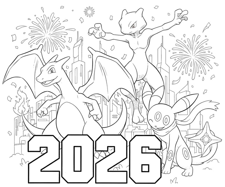 Drawing to color - Charizard, Mewtwo and Umbreon - Pokémon - Happy New Year 2026