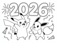 Coloring page - Pikachu and Eevee - Pokémon - Happy New Year 2026