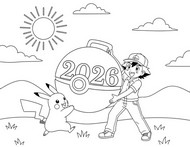 Downloadable coloring - Pikachu and Ash - Pokémon - Happy New Year 2026