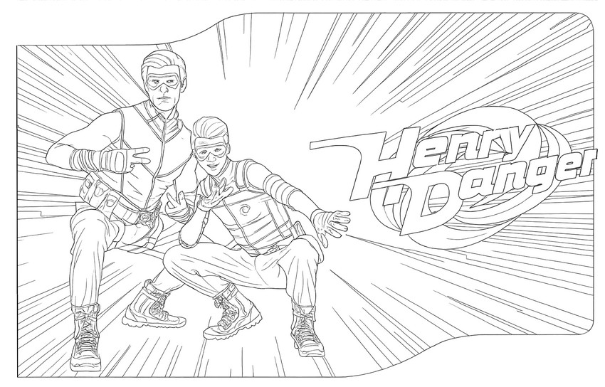 Ausmalbild zum Ausdrucken - Kid Danger, Captain Man und Logo - Henry Danger