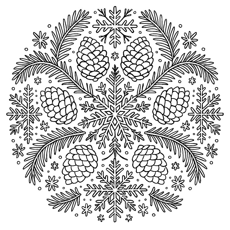 Drawing to color - Fir and pine cones - Winter Mandala