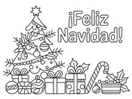Dibujo para colorear - Árbol festivo con regalos - Feliz Navidad