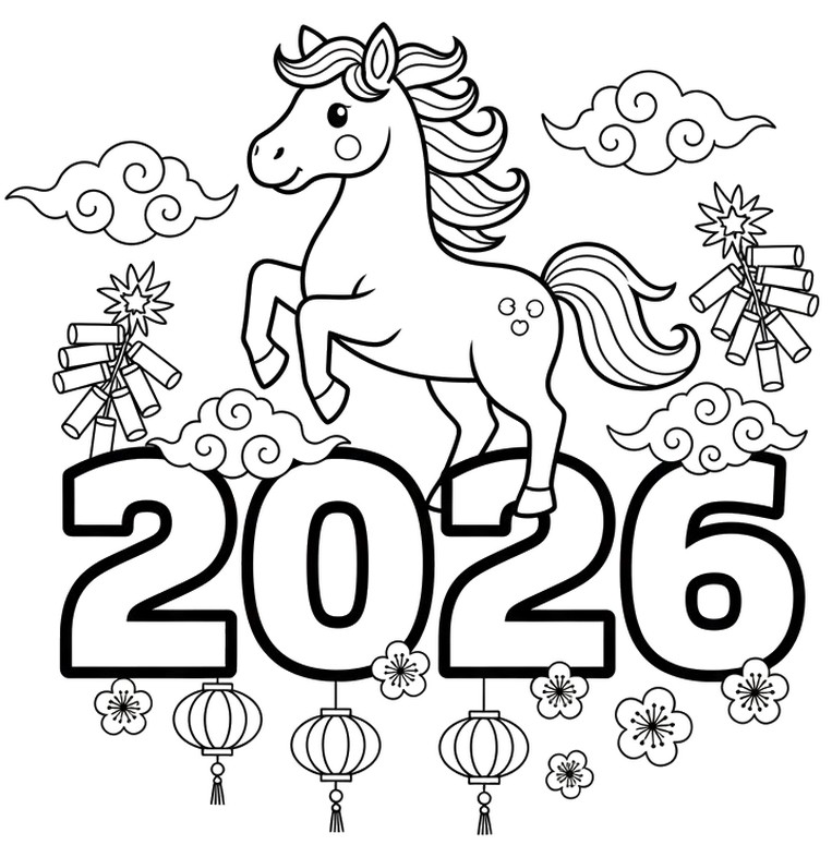 Tekening om in te kleuren - Het gelukkige paard - Chinees Nieuwjaar 2026