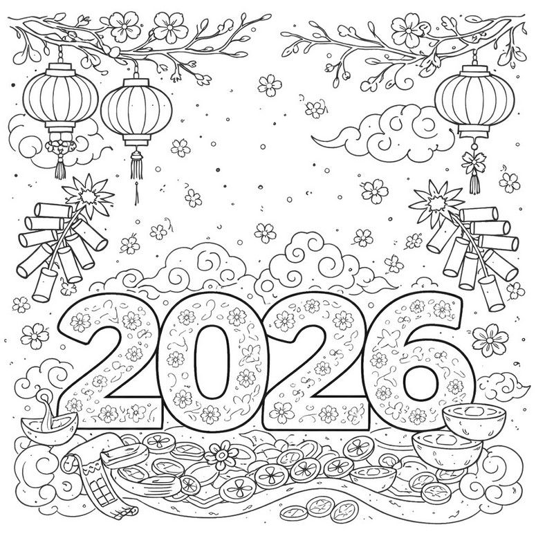 Gratis kleurplaat - Licht en voorspoed - Chinees Nieuwjaar 2026