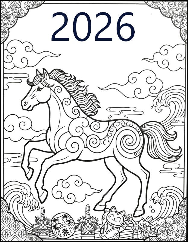 Kleurplaat om te downloaden - Jaar van het Paard - Chinees Nieuwjaar 2026